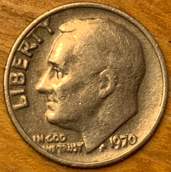 1970-P-Roosevelt-Dime-With-Reverse-Of-1968-Proof-RDV-002-Found-In-A-Jar-Of-Change